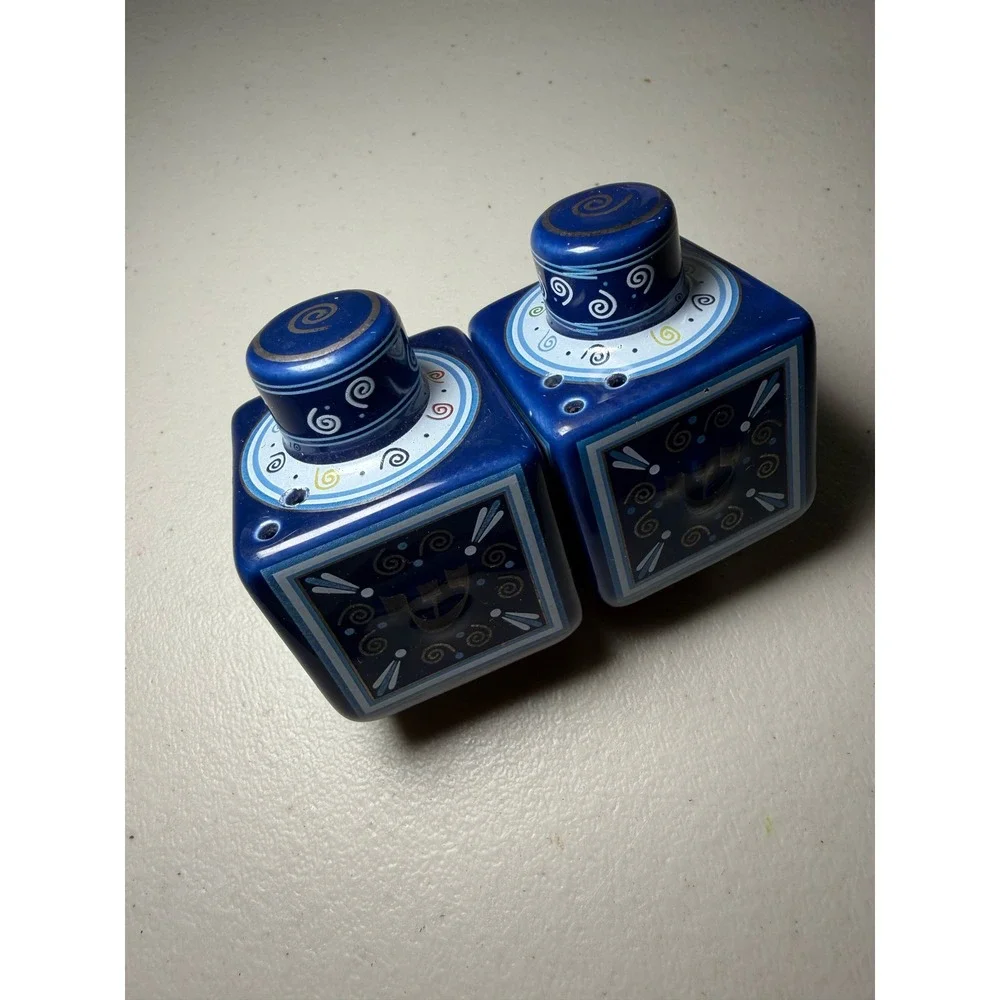 Cobalt‎ Blue Ceramic Square Salt and Pepper Shakers Spiral Geometric Design 2pc